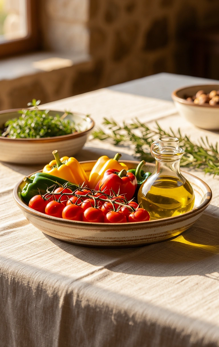 Ingredientes frescos mediterráneos sobre lino